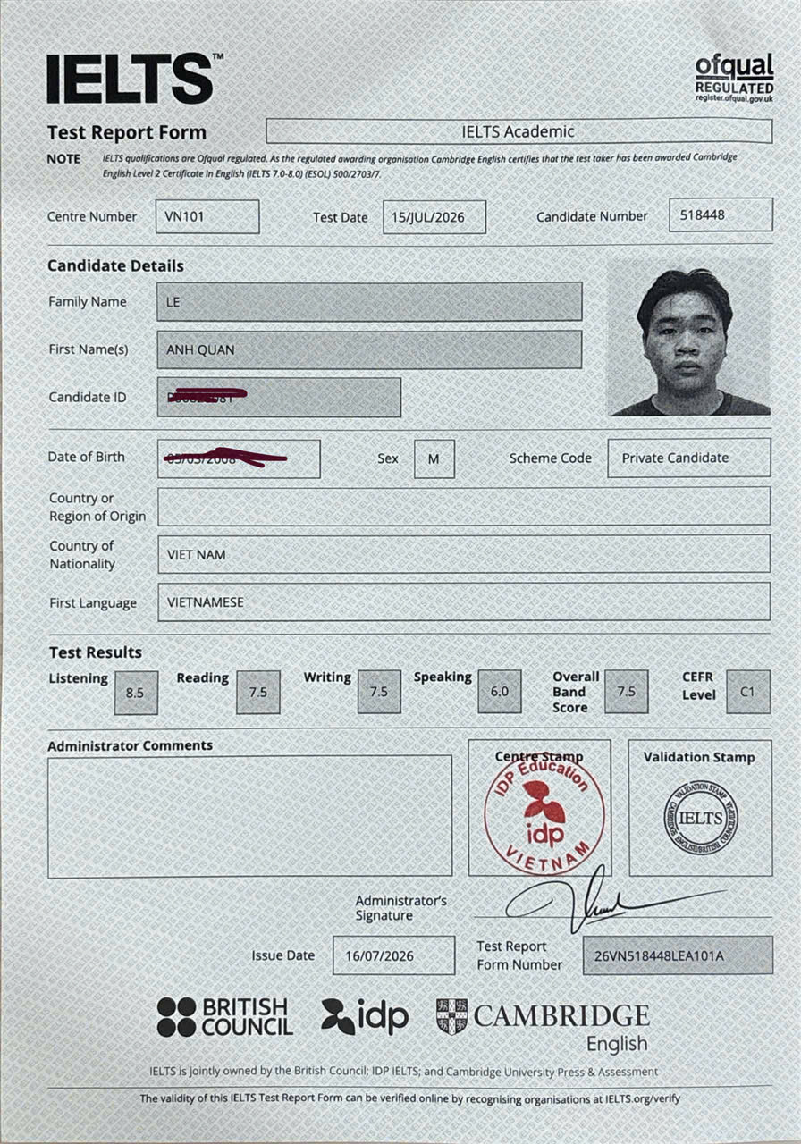 Phiếu điểm IELTS thật của học viên